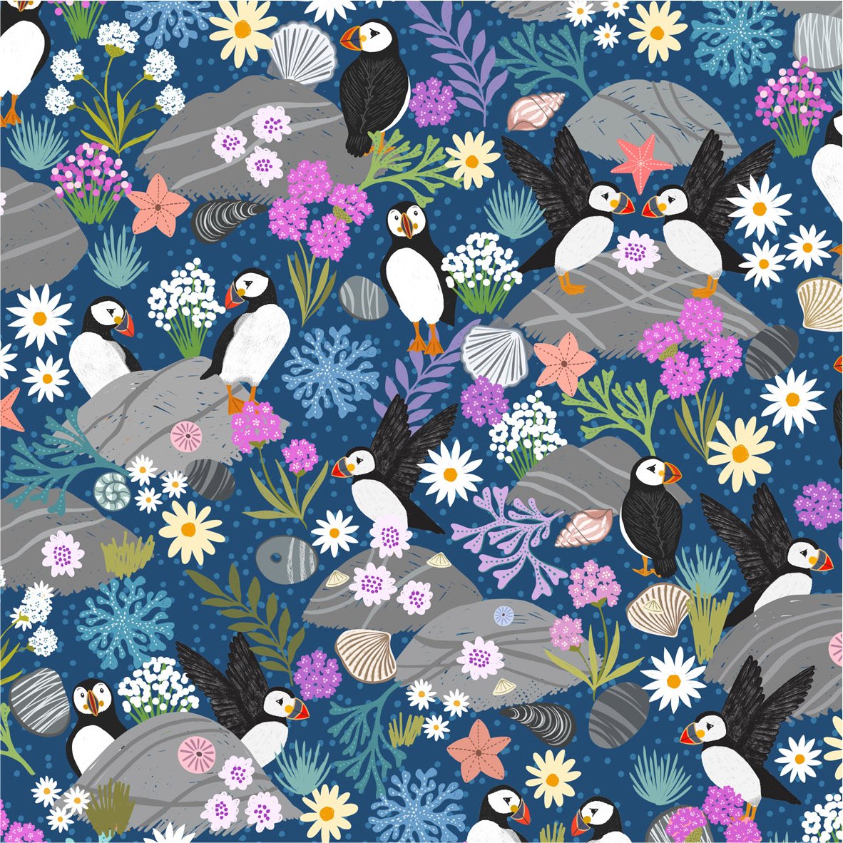 Puffin bay Puffins on dark blue- Collection by Lewis & Irene - Available in May