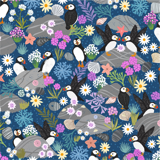 Puffin bay Puffins on dark blue- Collection by Lewis & Irene - Available in May