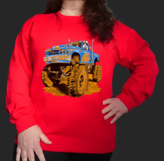 The Muddy Monster Truck Sweatshirt. Comfortable, warm, various colours for Youth and Adults.