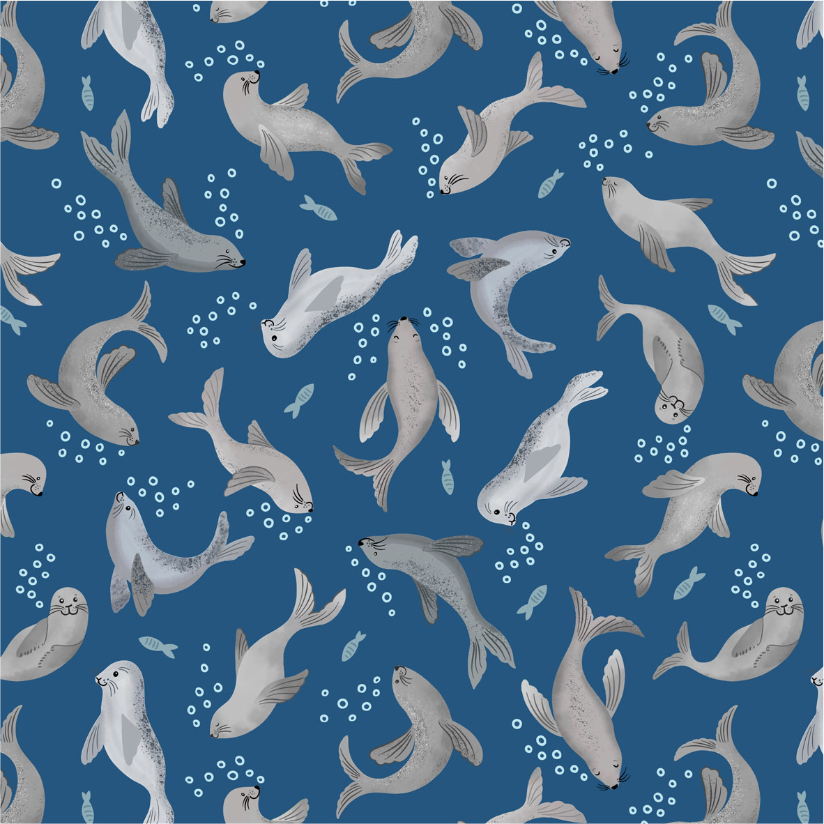 Seal bubbles on dark blue - Collection by Lewis & Irene - Available in May