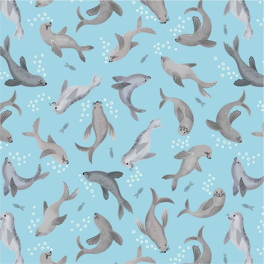 Seal bubbles on light blue - Collection by Lewis & Irene - Available in May