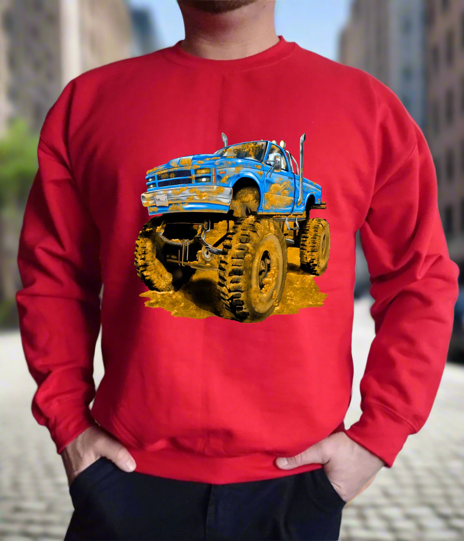 The Muddy Monster Truck Sweatshirt. Comfortable, warm, various colours for Youth and Adults.