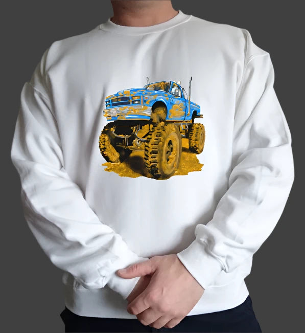 The Muddy Monster Truck Sweatshirt. Comfortable, warm, various colours for Youth and Adults.