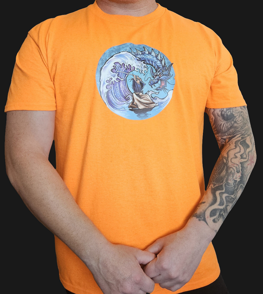 3D Puff Glow in The Dark. Samurai Print on Safety Orange T-Shirt. High quality cotton Tees with a Samurai Graphic at the front and the Samurai writing at the back and sleeve