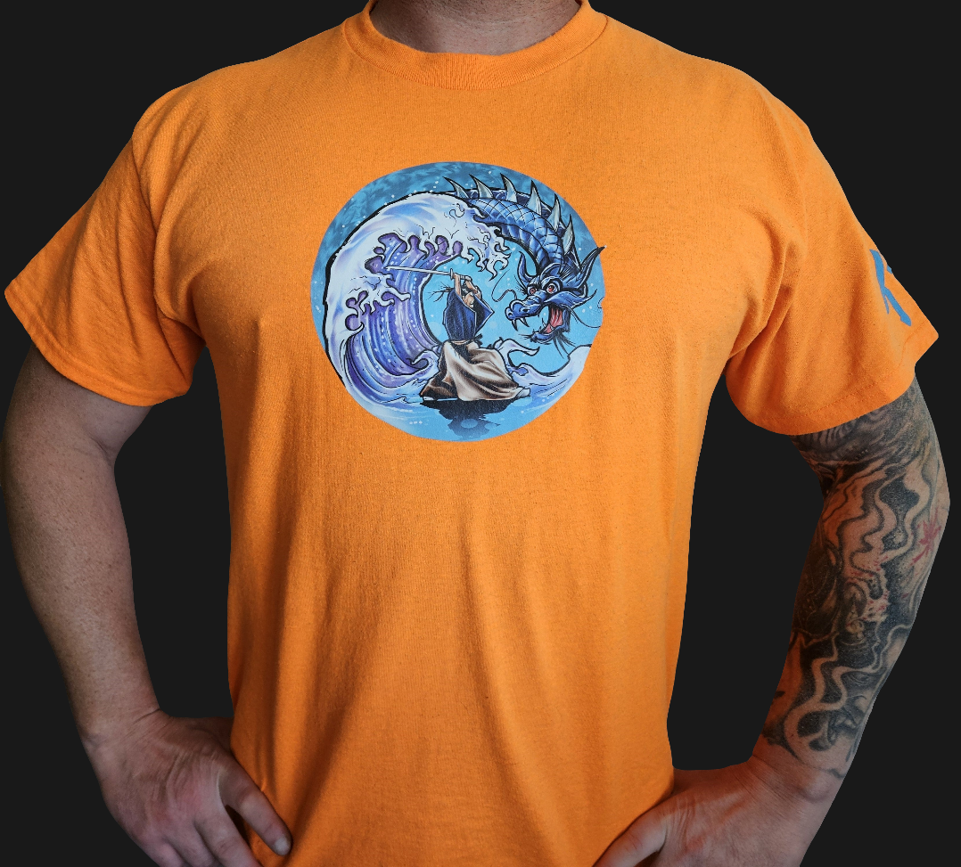 3D Puff Glow in The Dark. Samurai Print on Safety Orange T-Shirt. High quality cotton Tees with a Samurai Graphic at the front and the Samurai writing at the back and sleeve