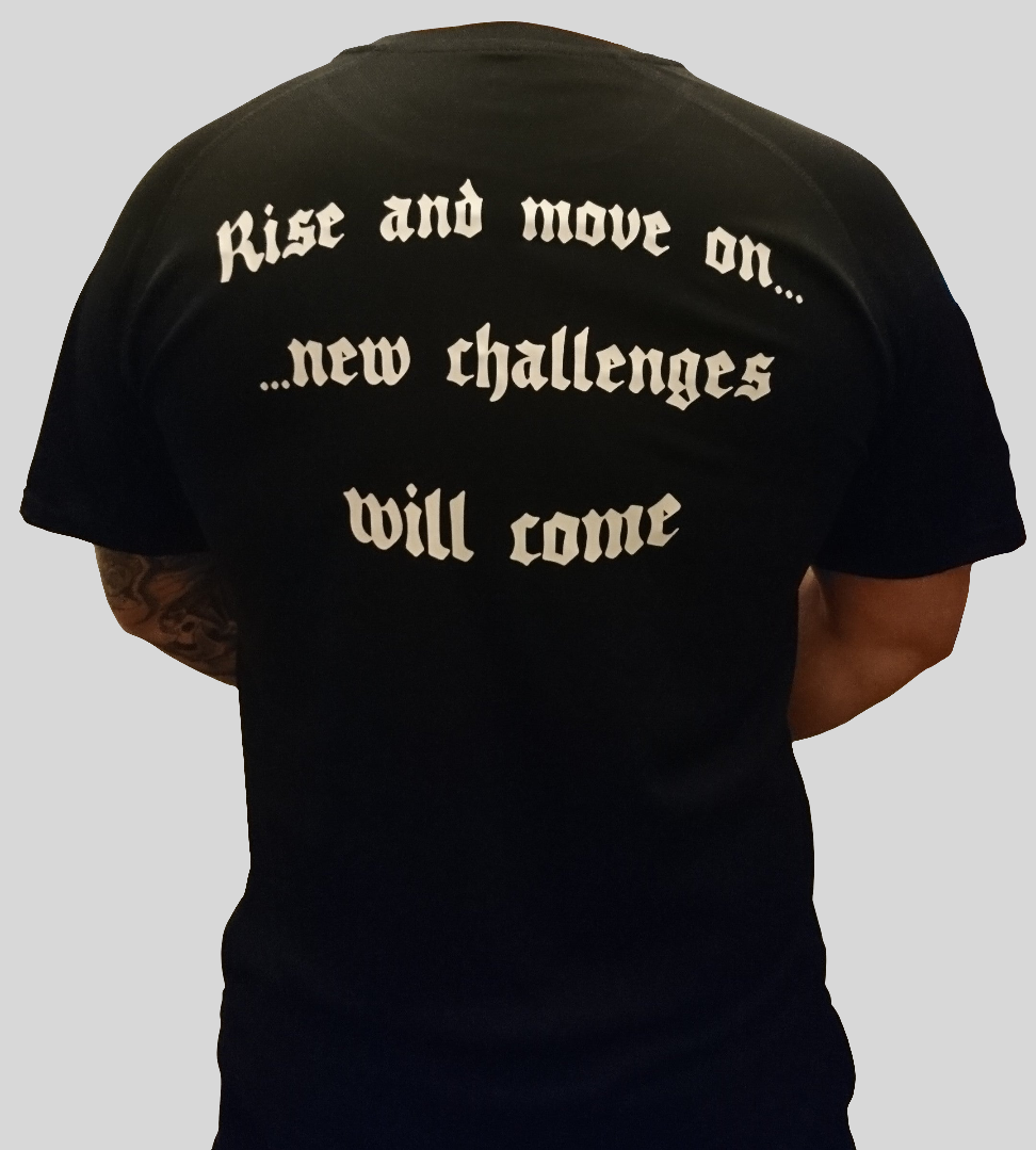 Samurai Print on Black T-Shirt. High quality sport Aircool Tees with a Samurai Graphic, and quote "Rise and move on new challenge will come" at the back