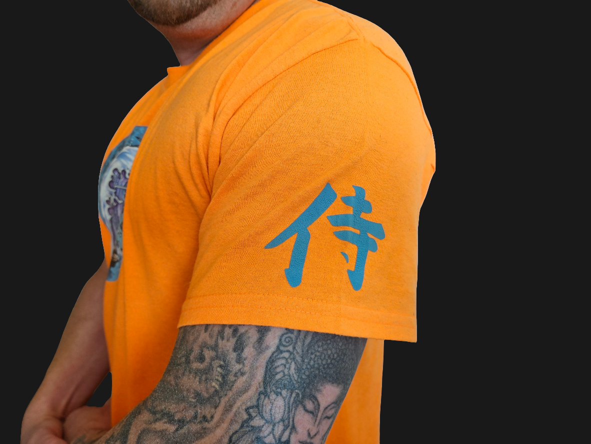 3D Puff Glow in The Dark. Samurai Print on Safety Orange T-Shirt. High quality cotton Tees with a Samurai Graphic at the front and the Samurai writing at the back and sleeve