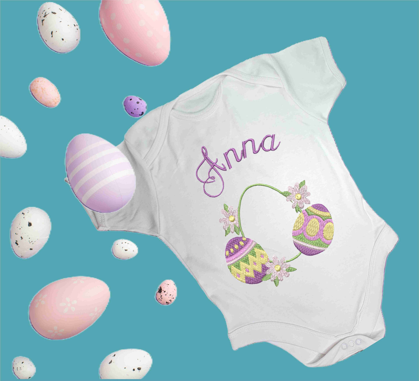 Personalised Baby Bodysuit - Easter Eggs Design Embroidered on Organic Cotton Long and Short Sleeve Baby Bodysuit. Comfortable and soft.