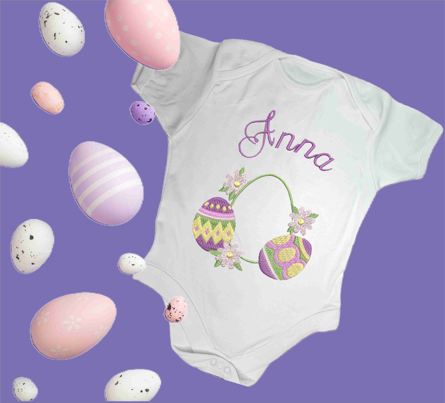 Personalised Baby Bodysuit - Easter Eggs Design Embroidered on Organic Cotton Long and Short Sleeve Baby Bodysuit. Comfortable and soft.