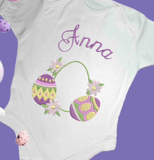 Personalised Baby Bodysuit - Easter Eggs Design Embroidered on Organic Cotton Long and Short Sleeve Baby Bodysuit. Comfortable and soft.