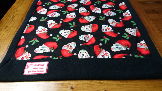 Christmas Sugar Skulls Handmade Pet blanket. Double sided, cotton on one side, black fleece on the back. Personalised. Handmade, soft, comfy.