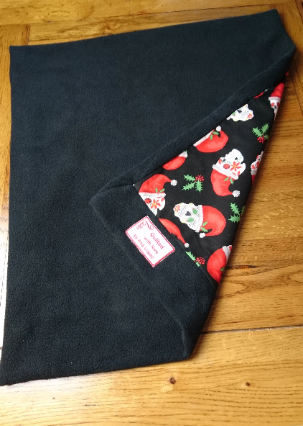 Christmas Sugar Skulls Handmade Pet blanket. Double sided, cotton on one side, black fleece on the back. Personalised. Handmade, soft, comfy.