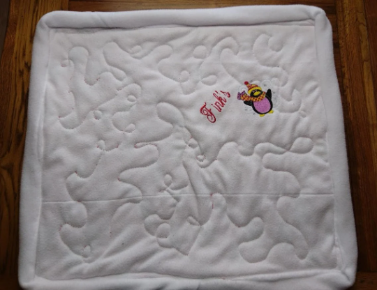 Personalised Pet Christmas Penguin Blanket. Handmade, Quilted and Double sided, with wadding in for more comfort. Penguin and pet's name embroidered.