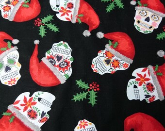 Christmas Sugar Skulls Handmade Pet blanket. Double sided, cotton on one side, black fleece on the back. Personalised. Handmade, soft, comfy.