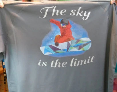 Ski Boarding Graphic with the quote "The Sky is the Limit" on a grey short sleeve T-Shirt. High quality sport Aircool Tees. The logo at the front can be personalised.