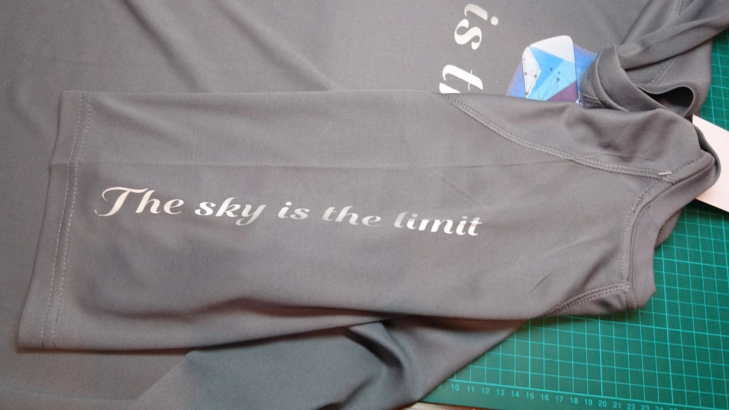 Ski Boarding Graphic with the quote "The Sky is the Limit" on a grey short sleeve T-Shirt. High quality sport Aircool Tees. The logo at the front can be personalised.